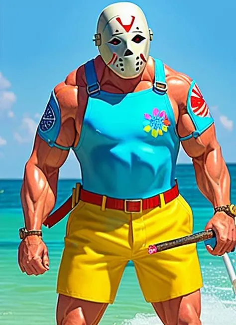 pt3jasonvoorhees-2250, looking at viewer, wearing floral swimming trunks, waterskiiing, on vacation in florida, photorealistic, masterpiece