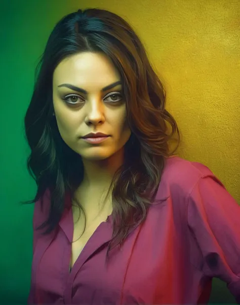 MilaKunis, photograph, Shimmering small Turkish (Female:1.2) , ð, Teaching, electric yellow Goatee, Fiery Vivid background, ultrafine detailed, Embarrassing, film grain, Phase One XF IQ4 150MP, F/1.8, Warm Colors, DayGlo yellow sky, dark green dust particles, art by Marc Simonetti, (art by Eddie Mendoza:0.7) , <lora:MilaKunisSDXL:1>