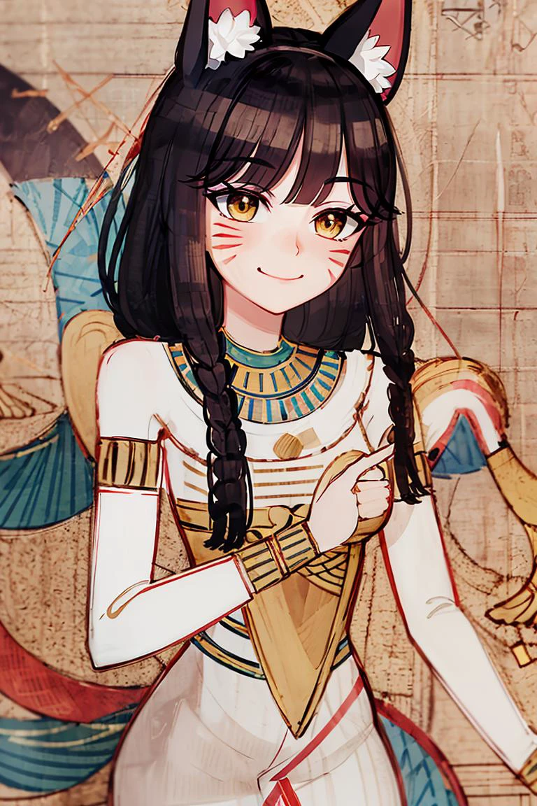 perfect face, intricate details, <lora:egypt:1>, egypt, (on papyrus)
((masterpiece,best quality)), absurdres,
<lora:ahri_v10:0.7>, ah1, facial mark, multiple tails, fox tails,
solo, smiling, looking at viewer,