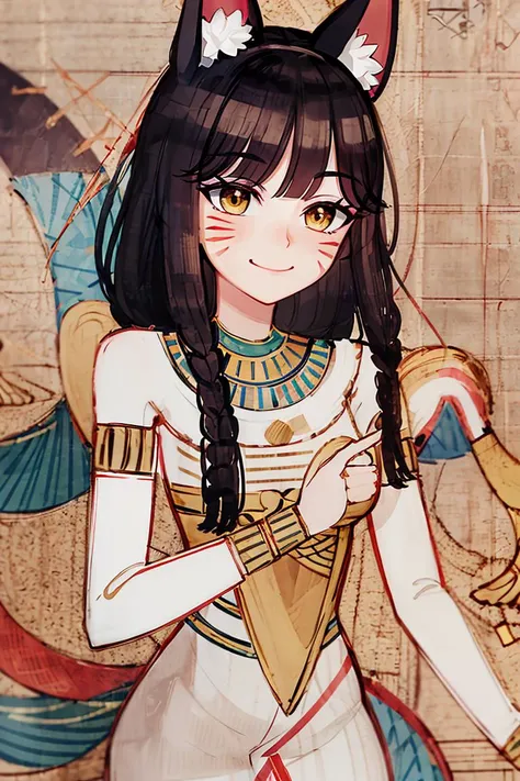 perfect face, intricate details, <lora:egypt:1>, egypt, (on papyrus)
((masterpiece,best quality)), absurdres,
 <lora:ahri_v10:0.7>,  ah1, facial mark, multiple tails, fox tails,
solo, smiling, looking at viewer,