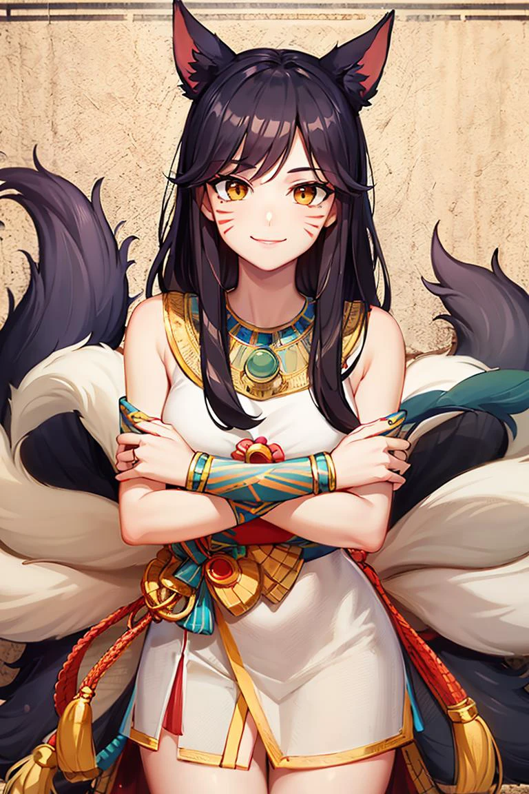 perfect face, intricate details, <lora:egypt:0.8>, egypt, (on papyrus)
((masterpiece,best quality)), absurdres,
<lora:ahri_v10:0.7>, ah1, facial mark, multiple tails, fox tails,
solo, smiling, looking at viewer,