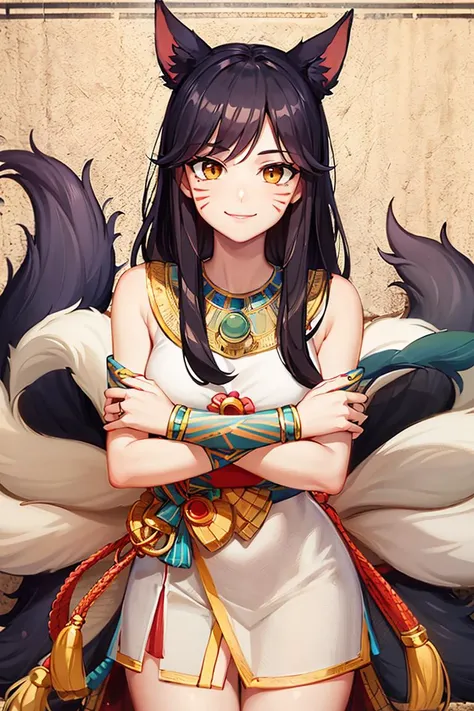 perfect face, intricate details, <lora:egypt:0.8>, egypt, (on papyrus)
((masterpiece,best quality)), absurdres,
 <lora:ahri_v10:0.7>,  ah1, facial mark, multiple tails, fox tails,
solo, smiling, looking at viewer,