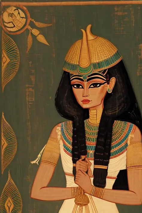 woman in a mythical forest, masterpiece, perfect face, intricate details, horror theme <lora:egypt:0.8> egypt, (on papyrus)