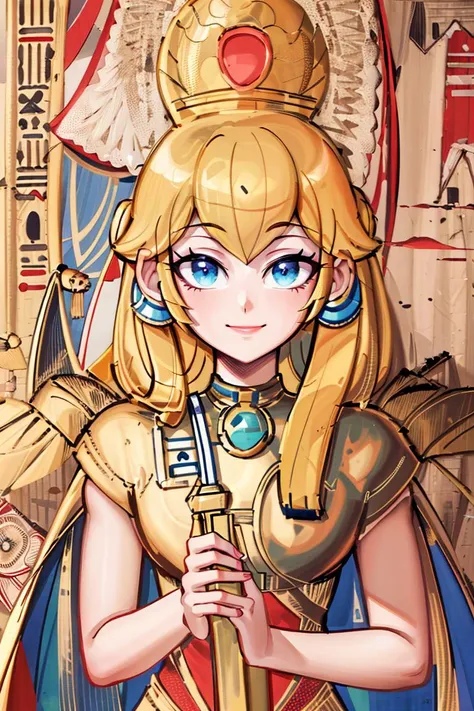 perfect face, intricate details, <lora:egypt:0.8>, egypt, (on papyrus)
((masterpiece,best quality)), absurdres,
<lora:Princess_Peach_Nintendo:0.8>, Swordfighter_Peach,
solo, smiling, looking at viewer,