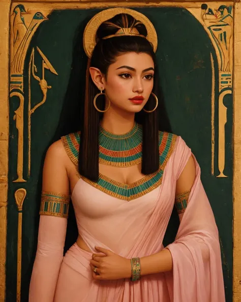 (best quality,highres,phographic),beautiful smiling woman,ancient Egyptian-style hair, golden dress, nude breast, Egyptian necklace, penetrating gaze, vibrant colors, elegant lighting, detailed facial features, mesmerizing beauty, graceful posture, luxurious environment, regal aura, stunning artwork, exquisite craftsmanship