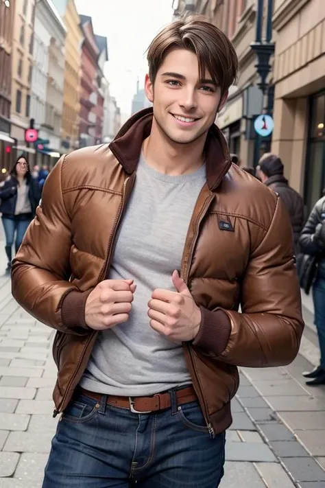 eli_this_guy, pullover, jacket, brown eyes, brown hair, smile, muscular, jeans, beautiful face, street, upper body focus, <lora:eli_this_guy-50:0.5>