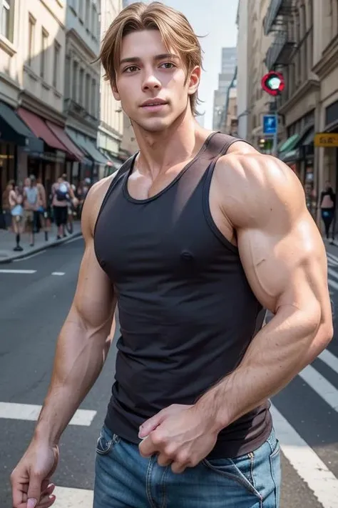 creedo_gabe, young man, blue eyes, soul patch, short hair, black hair, crossed arms, ear piercing, muscular, big biceps, tank top, jeans, looking at you, soft smile, standing, realistic, street, park, daylight, bulge, from above <lora:add_detail:1>, <lora:creedo_gabe:0.6>