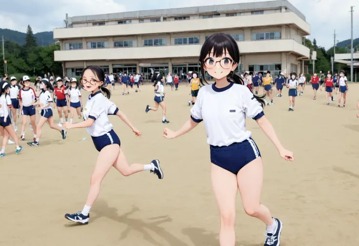 masterpiece, best quality, very aesthetic, absurdres,
koutei, outdoors, blue sky, summer sky, day, cloud, photo background, running, multiple girls, real world location,
1girl, solo, glasses, black hair, ponytail, standing, looking at viewer, smile, happy,
<lora:gakkou_koutei_SDXL_V1:0.8> <lora:Buruma_BLUE2S_SDXL_V1:1> BK2S, JP530S2N, taisoufukuN, gym uniform, blue buruma,
