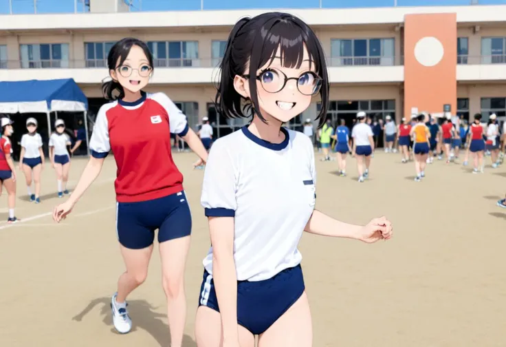 masterpiece, best quality, very aesthetic, absurdres,
koutei, outdoors, blue sky, summer sky, day, cloud, photo background, running, multiple girls, real world location, 
1girl, solo, glasses, black hair, ponytail, standing, looking at viewer, smile, happy, 
 <lora:gakkou_koutei_SDXL_V1:0.8> <lora:Buruma_BLUE2S_SDXL_V1:1> BK2S, JP530S2N, taisoufukuN, gym uniform, blue buruma,