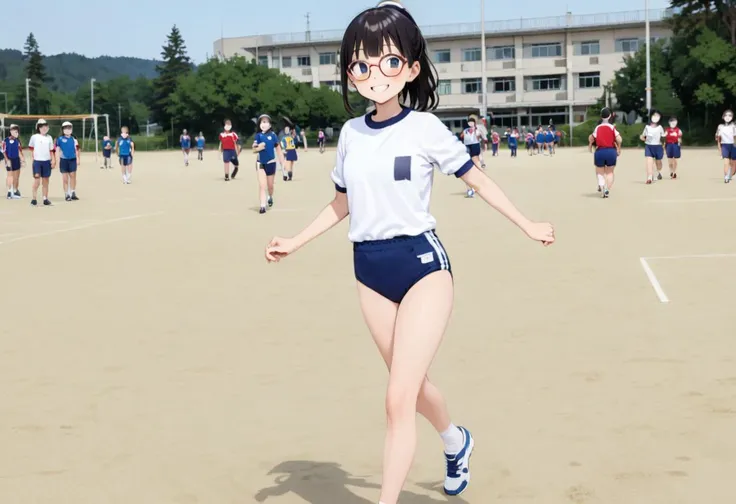 masterpiece, best quality, very aesthetic, absurdres,
koutei, outdoors, blue sky, summer sky, day, cloud, photo background, running, multiple girls, real world location,
1girl, solo, glasses, black hair, ponytail, standing, looking at viewer, smile, happy,
<lora:gakkou_koutei_SDXL_V1:0.8> <lora:Buruma_BLUE2S_SDXL_V1:1> BK2S, JP530S2N, taisoufukuN, gym uniform, blue buruma,