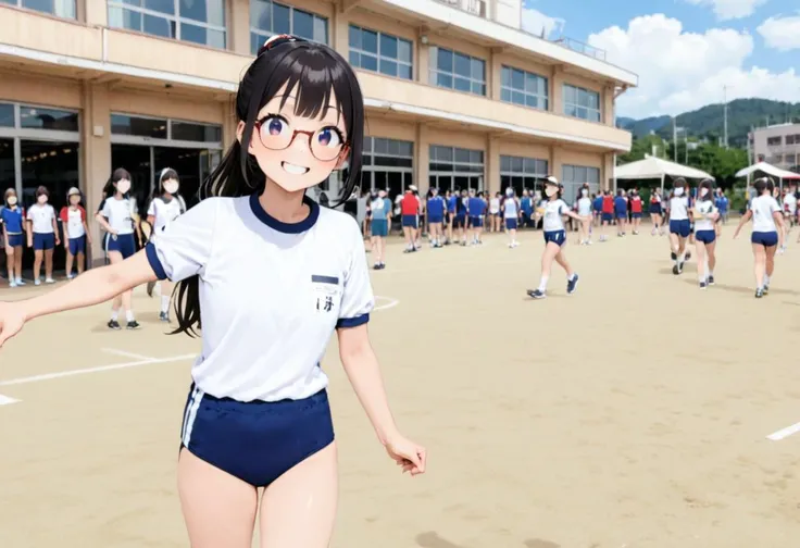 masterpiece, best quality, very aesthetic, absurdres,
koutei, outdoors, blue sky, summer sky, day, cloud, photo background, running, multiple girls, real world location,
1girl, solo, glasses, black hair, ponytail, standing, looking at viewer, smile, happy,
<lora:gakkou_koutei_SDXL_V1:0.8> <lora:Buruma_BLUE2S_SDXL_V1:1> BK2S, JP530S2N, taisoufukuN, gym uniform, blue buruma,