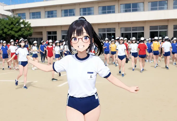 masterpiece, best quality, very aesthetic, absurdres,
koutei, outdoors, blue sky, summer sky, day, cloud, photo background, running, multiple girls, real world location,
1girl, solo, glasses, black hair, ponytail, standing, looking at viewer, smile, happy,
<lora:gakkou_koutei_SDXL_V1:0.8> <lora:Buruma_BLUE2S_SDXL_V1:1> BK2S, JP530S2N, taisoufukuN, gym uniform, blue buruma,