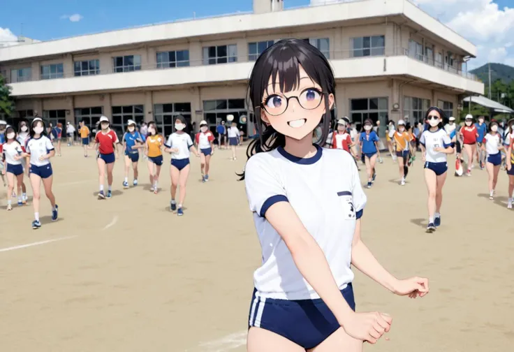 masterpiece, best quality, very aesthetic, absurdres,
koutei, outdoors, blue sky, summer sky, day, cloud, photo background, running, multiple girls, real world location,
1girl, solo, glasses, black hair, ponytail, standing, looking at viewer, smile, happy,
<lora:gakkou_koutei_SDXL_V1:0.8> <lora:Buruma_BLUE2S_SDXL_V1:1> BK2S, JP530S2N, taisoufukuN, gym uniform, blue buruma,