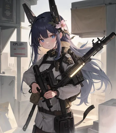 1 girl, solo, round eyes,She is holding a bazooka on her back and a machine gun in her hand with a relaxed expression on her face.((masterpiece)), ((ultra-detailed)), extremely detailed CG, (illustration),(highres), (high quality),((best quality)),((an extremely delicate and beautiful)),(detailed background),(beautiful detailed eyes), ((detailed_lighting)),