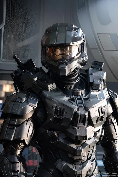 gun, mecha, military, realistic, weapon, solo, 1boy, upper_body, male_focus, armor, helmet, robot, rifle, science_fiction, bullpup<lora:masterchief:1>