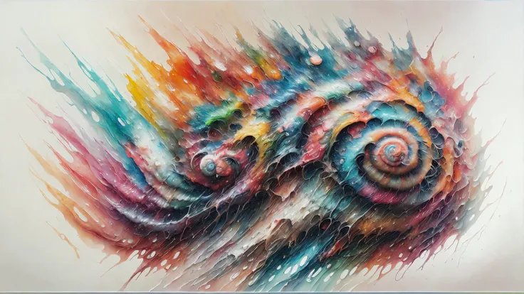 a watercolor illustration snail explodes with a fountain of colors, a lot of drops and splashes, <lora:snailz5:1.2>, hyper realistic, beautiful detailed intricate insanely detailed, emulsion rainbow liquid colors oil paint, paint synthesis, (CHEMIGRAM), oil painting, oil on canvas, art, abstraction, riot of colors, (art by Paul Juno:1.3), (fractal:1.2), white background, monochrome background