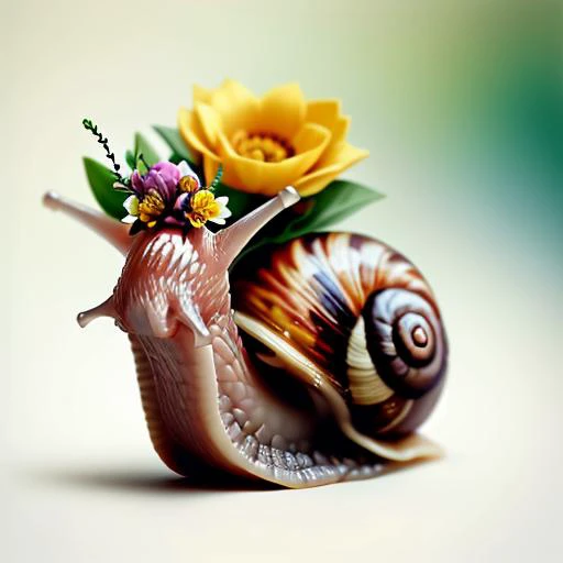 an photo of a curious happy snail wearing a flower crown. <lora:snailz5:.8>. <lora:icon01_:0.3>