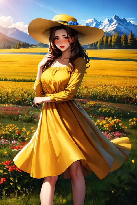 (masterpiece:1),(best_quality:1),4K,photography,8K,HDR,highres,(absurdres:1.2),woman,:/,long hair,blush,lipstick,dress,tall female,outdoors,landscape,hat,yellow dress,light particles,wind,flower field,mountain,light smile,looking at viewer,<lora:mlf_V24:1>,mature female,