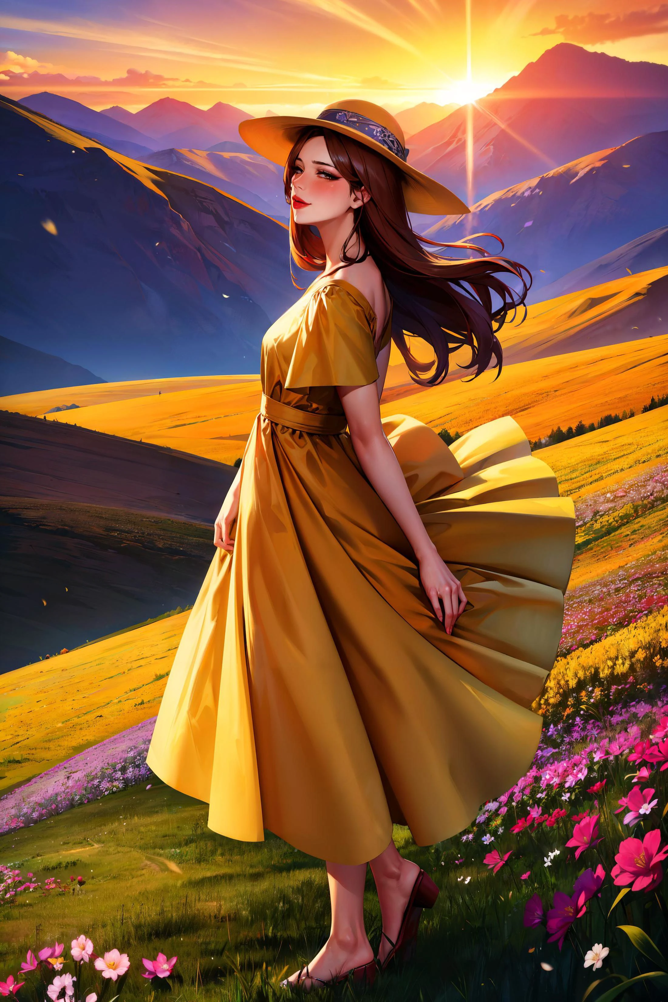 (masterpiece:1),(best_quality:1),4K,photography,8K,HDR,highres,(absurdres:1.2),woman,smug,long hair,blush,lipstick,dress,tall female,outdoors,landscape,hat,yellow dress,light particles,wind,flower field,mountain,light smile,looking at viewer,<lora:mlf_V24:1>,mature female,