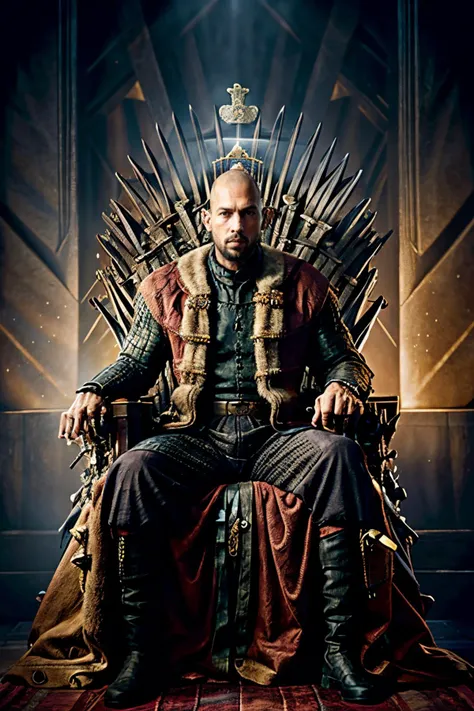 andrewtate, a man, (king, crown:1.2), middle ages, in a throne room, sitting on a throne,  game of thrones <lora:andrewtate2:0.8>
