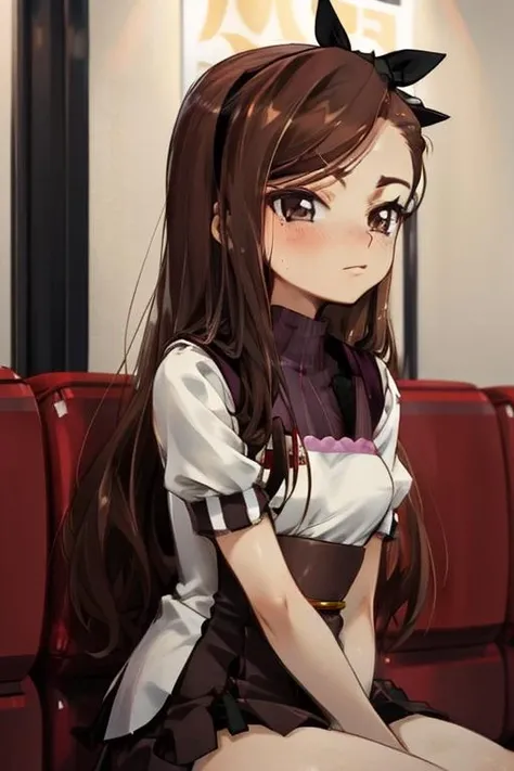 <lora:mamezou-20:1>idolmaster (classic), minase iori, brown hair, brown eyes, hairband, sitting, masterpiece, best quality