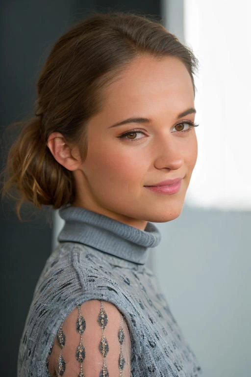 Photo of alicia, ((Wearing a turtleneck sweater and distressed jeans)), ((in photo studio)), hair in ((messy bun)), Professional, ((smiling)), model shoot style, extremely intricate, High Detail, Sharp focus, dramatic, soft cinematic light, (looking back over shoulder), (Real Eyes), (Detailed Eye Corneas) (detailed pupils), smiling, 24mm, photo lab, elegant, insane details, hyperdetailed, low contrast, epiCRealism, (((SFW))), <lora:AliciaV:0.85>