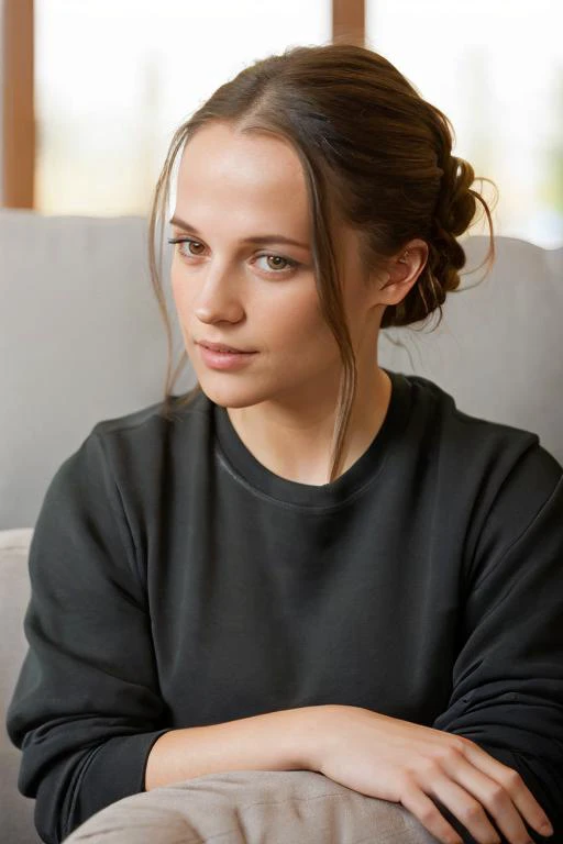 Alicia, ((wearing a black sweat shirt)), (((laying on a couch))), hair in ((messy bun)), Professional, extremely intricate, High Detail, Sharp focus, dramatic, soft cinematic light, (Real Eyes), (Detailed Eye Corneas) (detailed pupils), smiling, 24mm, photo lab, elegant, insane details, hyperdetailed, low contrast, epiCRealism, (((SFW))),  <lora:AliciaV:0.85>