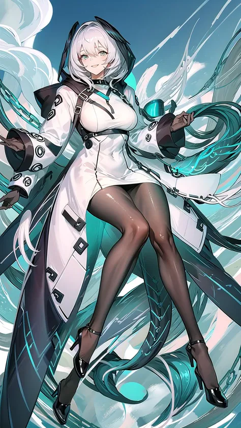 masterpiece, best quality, 1girl, solo, pantyhose, grey hair, white dress, black footwear, full body, black pantyhose, tail, dress, coat, open coat, looking at viewer, breasts, head wings, hood, shoes, open clothes, white coat, large breasts, long sleeves, sitting, bangs, fingerless gloves, smile, short hair, hair between eyes, hood up, <lora:Ho'olheyakV1.0:0.8>, hoolheyak, beach background, clouds,