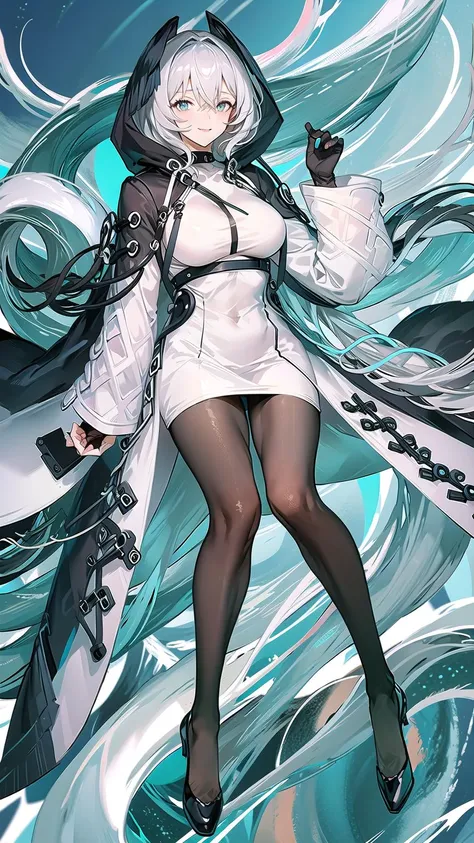 masterpiece, best quality, 1girl, solo, pantyhose, grey hair, white dress, black footwear, full body, black pantyhose, tail, dress, coat, open coat, looking at viewer, breasts, head wings, hood, shoes, open clothes, white coat, large breasts, long sleeves, sitting, bangs, fingerless gloves, smile, short hair, hair between eyes, hood up,  <lora:Ho'olheyakV1.0:0.8>, hoolheyak, beach background, clouds,