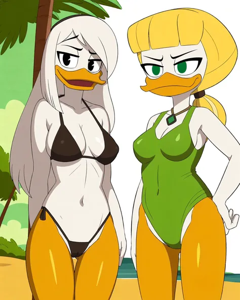 cartoon duck with a bikini and a hat on standing in the sand, inspired by Jacob Duck, kathy zyduck, donald duck in real life, character is in her natural pose, inspired by Carl Barks, donald duck, flat chested, subject= duck, is wearing a swimsuit, loony tunes style, cel - shaded art style, in a bikini