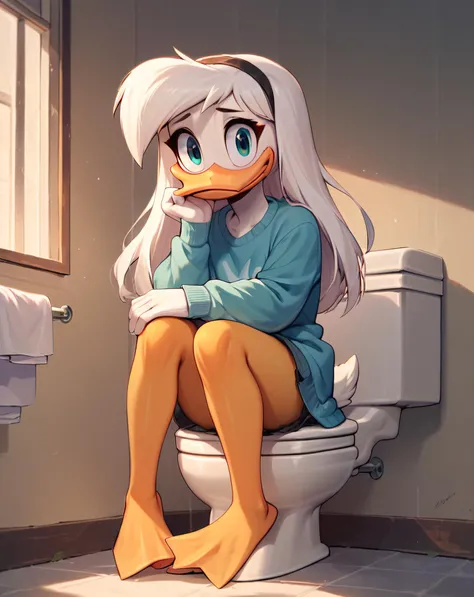 score_9, score_8_up, score_7_up, score_6_up,score_5_up,score_4_up, 1girl, source cartoon, della duck, ducktales, duck, beak, bird, white skin, white body, long hair, hair, white hair, female, orange legs, webbed feet, scut tail, cute, tired, sitting down, on toilet, inside bathroom, bad light, short half way down, hunch, elbows on legs, looking at you, legs spread, <lora:Della_Duck:1>, ZPDXL, <lora:more_details:1> <lora:xl_more_art-full_v1:1> <lora:ugly_style:-1>