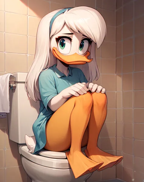 score_9, score_8_up, score_7_up, score_6_up,score_5_up,score_4_up, 1girl, source cartoon, della duck, ducktales, duck, beak, bird, white skin, white body, long hair, hair, white hair, female, orange legs, webbed feet, scut tail, cute, tired, sitting down, on toilet, inside bathroom, bad light, short half way down, hunch, elbows on legs, looking at you, <lora:Della_Duck:1>, ZPDXL, <lora:more_details:1> <lora:xl_more_art-full_v1:1> <lora:ugly_style:-1>