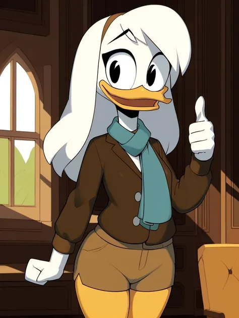<lora:Della Duck V2.4BU:0.64> (ducktales:1.2) (by kyurisawa:1.2) (by chelodoy:1) (by ashraely:1) (della duck:1.1) (beak:1.2), anthro duck, female, black eyes, smile, long hair, wide eyed, white hair, solo, white skin, white hands (cybernetic leg:1.1), (clothed, clothing, teal scarf, brown jacket, long sleeves, tan shorts:1.2) (thumbs up:1.2) (mansion, inside:1.3) (three-quarter portrait:1.3)