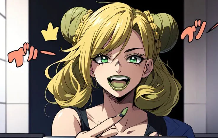 high res, 1girl, jolyncujoh, doublebun, green lips, heart on chest, laughing, (profiles:0.4), in a clasroom, pointing at board behind her, ((text (HOW TO ORA))) <lora:JolynCujoh002:0.7>