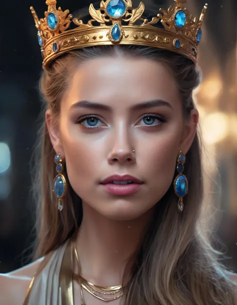 highly detailed portrait of (ohwx woman) <lora:amberheard_lora_sdxl_v1-000008:1> as an elegant goddess, ornate crown, beautiful symmetrical face, digital painting, artstation, concept art, smooth, clear focus, illustration, greg rutkowski, artgerm, global lighting, detailed and fantasy
