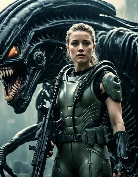 (ohwx woman) <lora:amberheard_lora_sdxl_v1-000008:1> as a female soldier fighting an xenomorph, in the movie Aliens (1986), fighting an alien, ruggedly handsome hero, depth of field, zeiss lens, detailed, symmetrical, centered, fashion photoshoot, breathtaking, 8 k resolution, extremely detailed, establishing shot, artistic, hyperrealistic, octane render