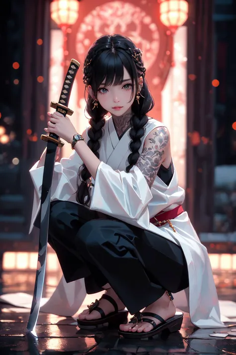 (masterpiece:1.2), best quality,PIXIV, Samurai girl,
1girl, weapon, sword, solo, jewelry, long hair, holding weapon, holding, pants, holding sword, earrings, looking at viewer, blurry, black hair, tattoo, detached sleeves, brown eyes, full body, hair over shoulder, blurry background, shirt, braid, squatting, white shirt, lips, ring, sandals, black pants, katana, one knee, long sleeves, closed mouth, twin braids, hair ornament, depth of field, sleeveless
<lora:Samurai girl_20230919201612-000018:0.8>