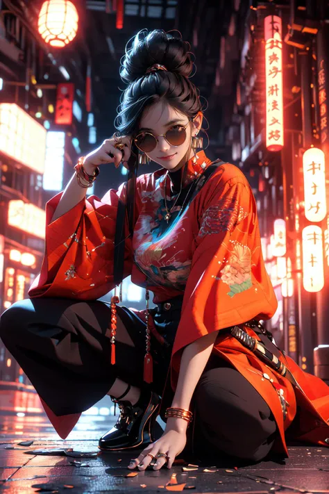 (masterpiece:1.2), best quality,cg,3d, Samurai girl,
jewelry, sword, weapon, solo, ring, black hair, 1girl, sheath, squatting, holding, bracelet, pants, katana, sunglasses, black pants, holding weapon, earrings, long hair, black footwear, hair bun, round eyewear, full body, holding sword, unsheathing, long sleeves, looking at viewer, closed mouth, blurry, sheathed, single hair bun, lantern, smile, glowing, high heels, wide sleeves
<lora:Samurai girl:0.8> <lora:midjourney_20230624181825:0.5>