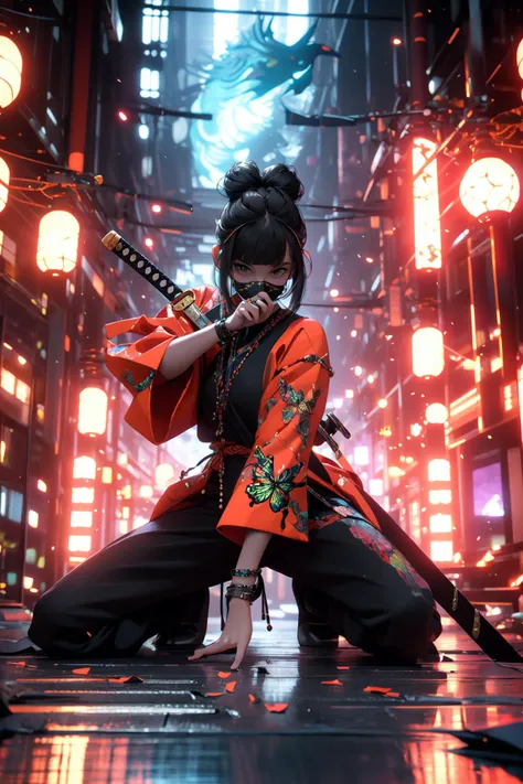 (masterpiece:1.2), best quality,cg,3d, Samurai girl,
Samurai girl, weapon, sword, solo, holding, black hair, holding weapon, bangs, bug, blunt bangs, holding sword, butterfly, mask, 1girl, long sleeves, single hair bun, hair bun, glowing, reflective floor, katana, indoors, facing viewer, long hair, reflection, sitting, full body, wide sleeves, jewelry, sheath, one knee, beads
<lora:Samurai girl:0.8> <lora:midjourney_20230624181825:0.5>