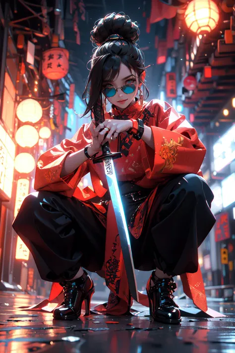 (masterpiece:1.2), best quality,cg,3d, Samurai girl,
jewelry, sword, weapon, solo, ring, black hair, 1girl, sheath, squatting, holding, bracelet, pants, katana, sunglasses, black pants, holding weapon, earrings, long hair, black footwear, hair bun, round eyewear, full body, holding sword, unsheathing, long sleeves, looking at viewer, closed mouth, blurry, sheathed, single hair bun, lantern, smile, glowing, high heels, wide sleeves
 <lora:Samurai girl:0.8> <lora:midjourney_20230624181825:0.5:SHUIMO BACKGROUND>