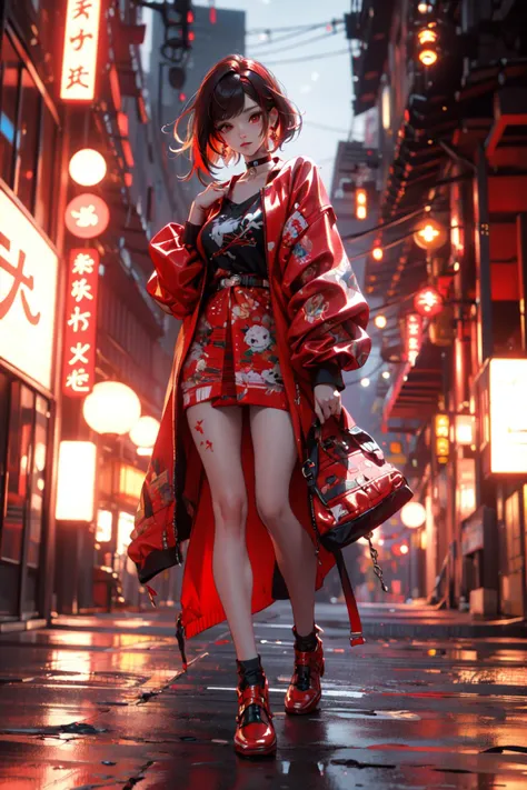 (masterpiece:1.2), best quality,cg,3d, Samurai girl,
1girl, red eyes, earrings, solo, multicolored hair, jewelry, looking at viewer, blurry, full body, bangs, red hair, jacket, standing, blurry background, choker, short hair, long sleeves, red nails, closed mouth, red footwear, floral print, red jacket, streaked hair,takana
 <lora:æ­¦å£«å°å¥³:1>
