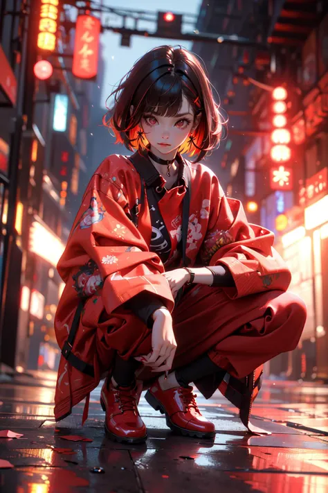 (masterpiece:1.2), best quality,cg,3d, Samurai girl,
1girl, red eyes, earrings, solo, multicolored hair, jewelry, full body, bangs, red hair, squatting, blurry background, choker, short hair, long sleeves, red nails, closed mouth, red footwear, floral print, streaked hair,katana
 <lora:æ­¦å£«å°å¥³:1>