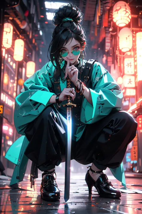 (masterpiece:1.2), best quality,cg,3d, Samurai girl,
jewelry, sword, weapon, solo, ring, black hair, 1girl, sheath, squatting, holding, bracelet, pants, katana, sunglasses, black pants, holding weapon, earrings, long hair, black footwear, hair bun, round eyewear, full body, holding sword, unsheathing, long sleeves, looking at viewer, closed mouth, blurry, sheathed, single hair bun, lantern, smile, glowing, high heels, wide sleeves
<lora:Samurai girl:0.8> <lora:midjourney_20230624181825:0.5>