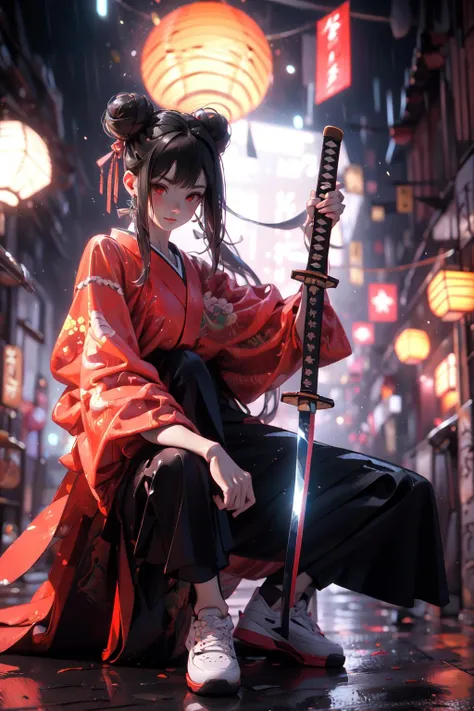 (masterpiece:1.2), best quality,3D,CG, amurai girl,
Samurai girl, sword, weapon, black hair, solo, reflection, katana, 1girl, long hair, hair bun, reflective floor, holding weapon, pants, black pants, holding, sitting, holding sword, sheath, long sleeves, blurry, lantern, double bun, depth of field, night, looking at viewer, shoes, closed mouth, white footwear, full body, paper lantern, red eyes, japanese clothes, glowing <lora:Samurai girl_20230919201612-000018:1>