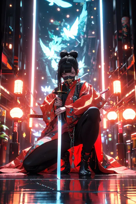 (masterpiece:1.2), best quality,cg,3d, Samurai girl,
weapon, sword, solo, holding, black hair, holding weapon, bangs, bug, blunt bangs, holding sword, butterfly, mask, 1girl, long sleeves, single hair bun, hair bun, glowing, reflective floor, katana, indoors, facing viewer, long hair, reflection, sitting, full body, wide sleeves, jewelry, sheath, one knee, beads
<lora:Samurai girl:0.8> <lora:midjourney_20230624181825:0.5>
