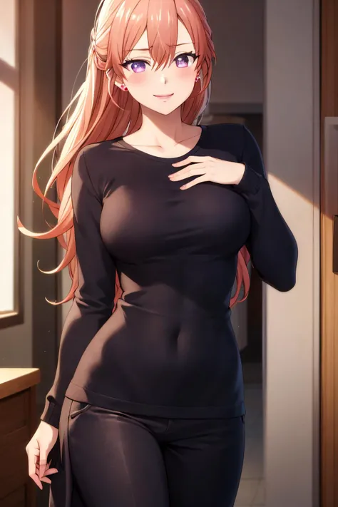 masterpiece, (best quality), 1woman,1girl ,erika_amano, orange hair, brown hair, (purple eyes),formal dress, sweater,long hair,earrings, jewelry,sexy woman,smile, hair between eyes, long sleeves,closed clothes, embarrassed,blush, pants, vibrant colors ,natural lighting ,RTX, , beautiful, (detailed face:1.2), showcase, (perfect eyes:1.1) ,(photorealistic:1.1), 8k uhd, looking at viewer, indoors, simple backround,