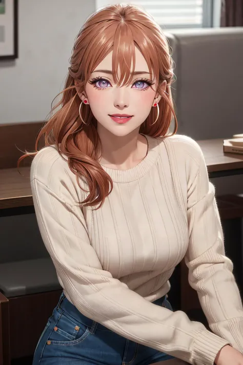 masterpiece, (best quality), 1woman,1girl ,erika_amano, orange hair, brown hair, (purple eyes),casual clothes, sweater, ,earrings, jewelry,sexy woman,smile, hair between eyes, long sleeves,closed clothes, embarrassed,blush, pants, vibrant colors ,natural lighting ,RTX, , beautiful, (detailed face:1.2), showcase, (perfect eyes:1.1) ,(photorealistic:1.1), 8k uhd, looking at viewer, indoors, simple backround,