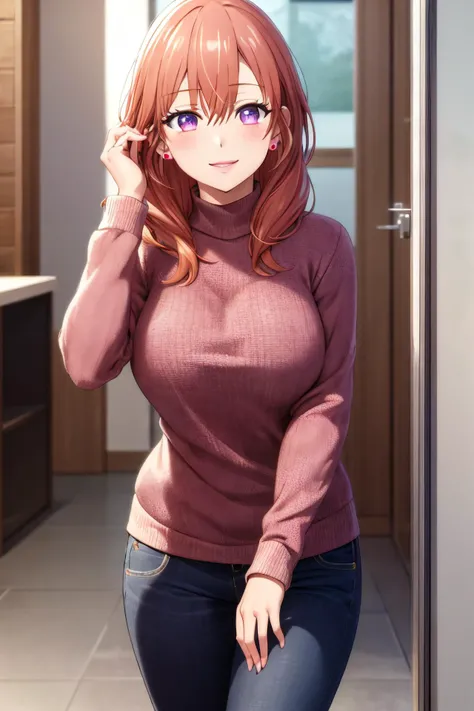 masterpiece, (best quality), 1woman,1girl ,erika_amano, orange hair, brown hair, (purple eyes),casual clothes, sweater, ,earrings, jewelry,sexy woman,smile, hair between eyes, long sleeves,closed clothes, embarrassed,blush, pants, vibrant colors ,natural lighting ,RTX, , beautiful, (detailed face:1.2), showcase, (perfect eyes:1.1) ,(photorealistic:1.1), 8k uhd, looking at viewer, indoors, simple backround,