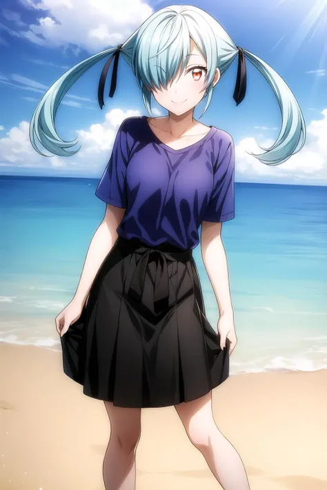 1girl, hair over one eye, hair ribbon, long hair, looking at viewer, red eyes, solo, twintails, smile, t-shirt dress, clothes, long skirt, beach background, sky, day, summer, outdoor, noa_takigawa, <lora:add_detail:0.7>