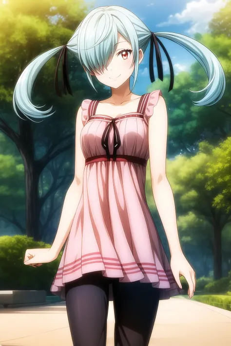 1girl, hair over one eye, hair ribbon, long hair, looking at viewer, red eyes, solo, twintails, smile, casual dress, casual clothes, pants, park background, nature, sky, day, summer outdoor, noa_takigawa, <lora:add_detail:0.7>